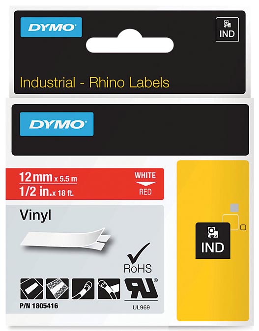 Dymo RHINO vinyltape 12 mm, wit op rood afbeelding