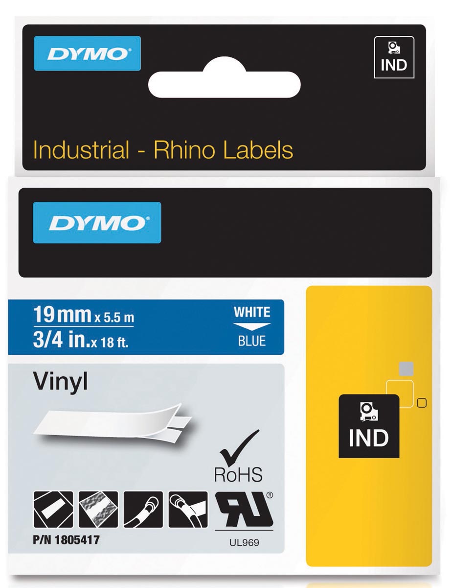 Dymo RHINO vinyltape 19 mm, wit op blauw afbeelding