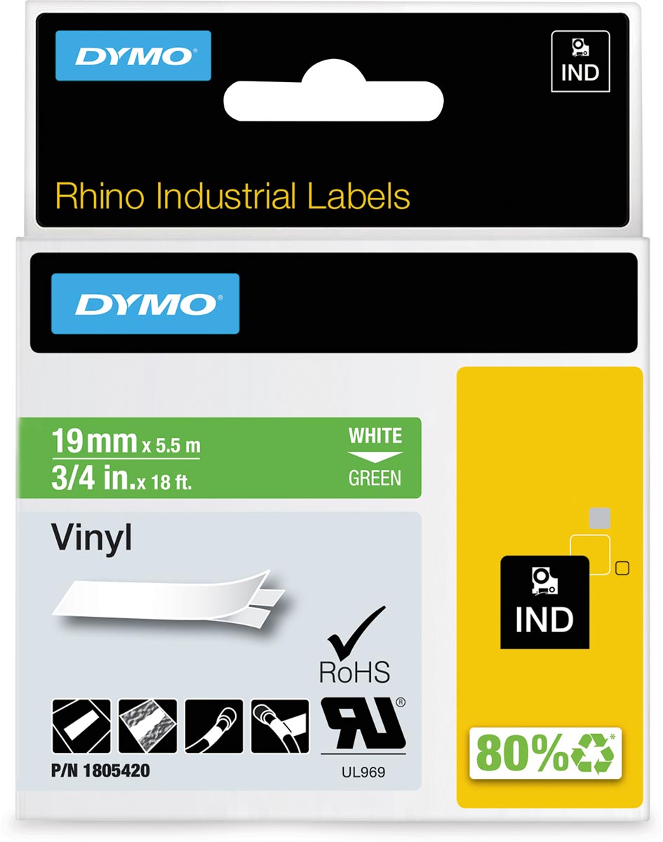 Dymo RHINO vinyltape 19 mm, wit op groen afbeelding