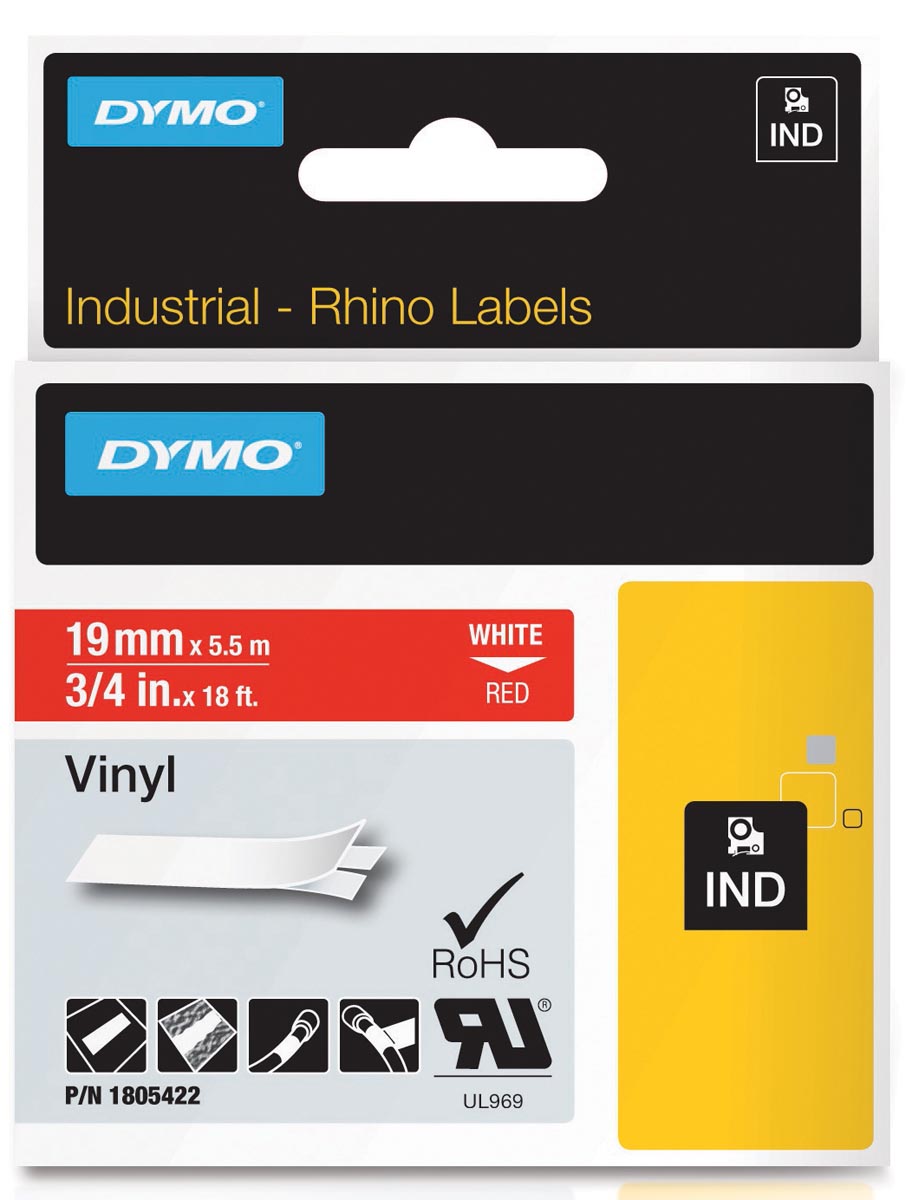 Dymo RHINO vinyltape 19 mm, wit op rood afbeelding
