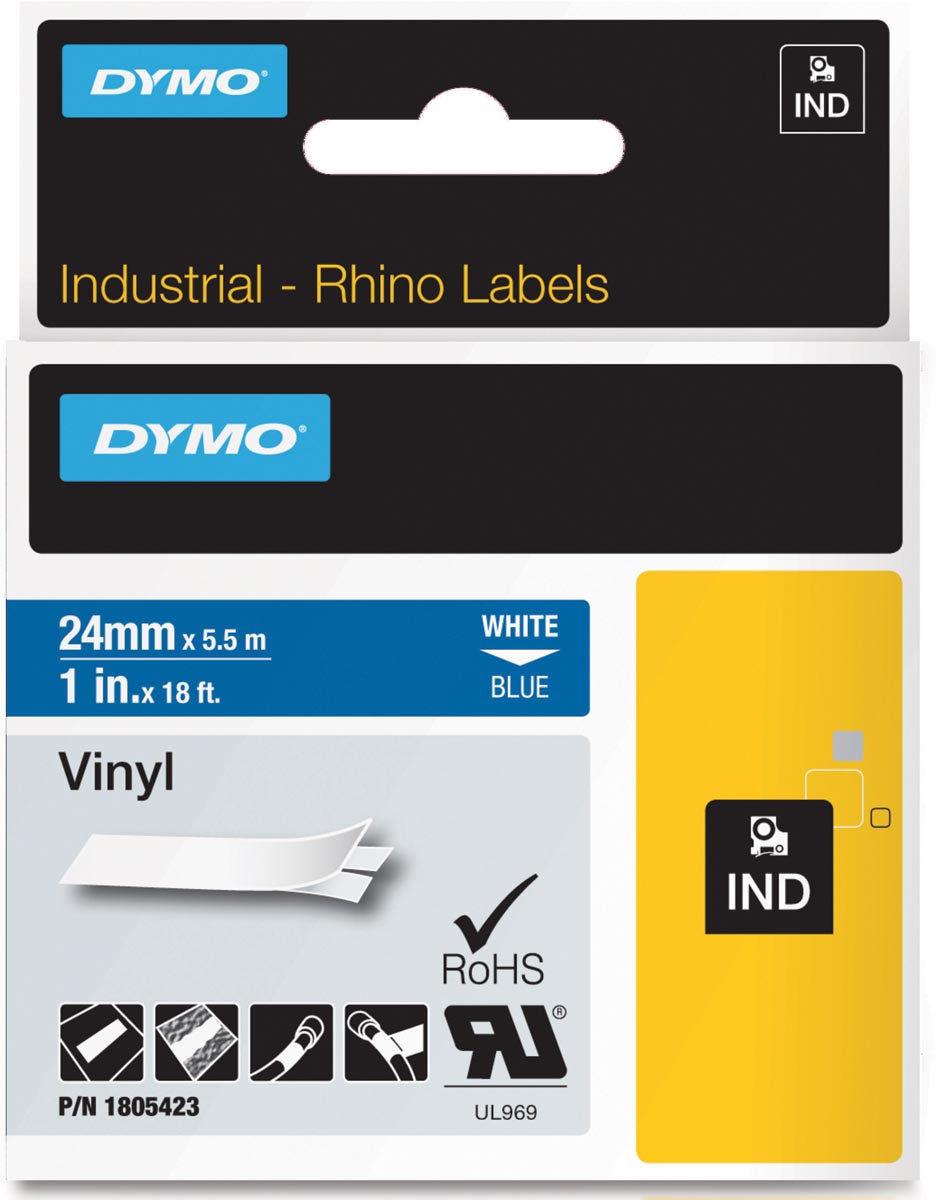 Dymo RHINO vinyltape 24 mm, wit op blauw