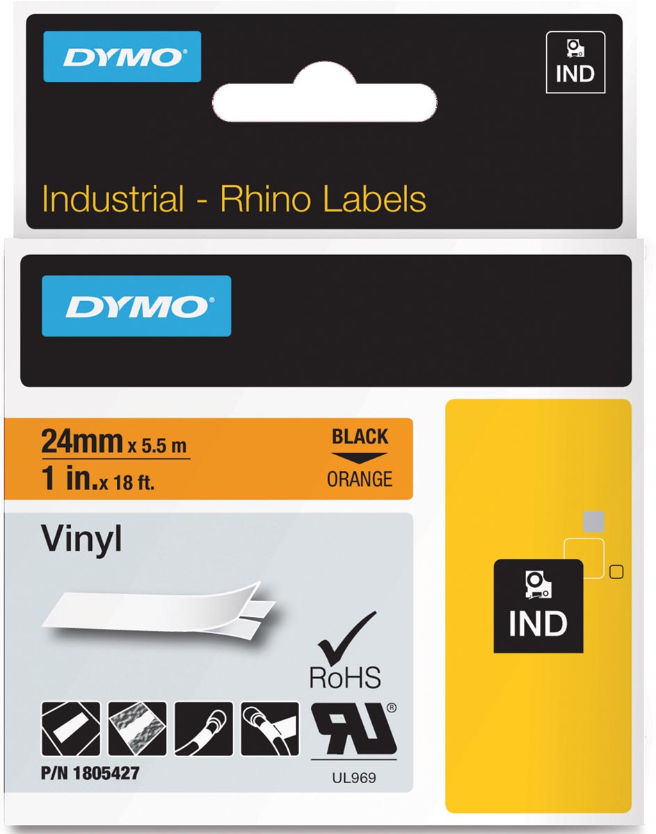 Dymo Rhino Vinyltape 24 Mm Zwart Op Oranje huismerk kopen in de aanbieding