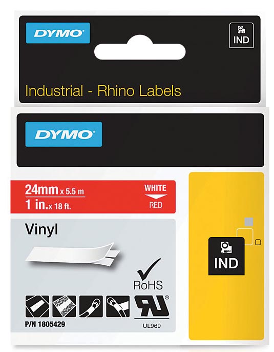 Dymo RHINO vinyltape 24 mm, zwart op rood