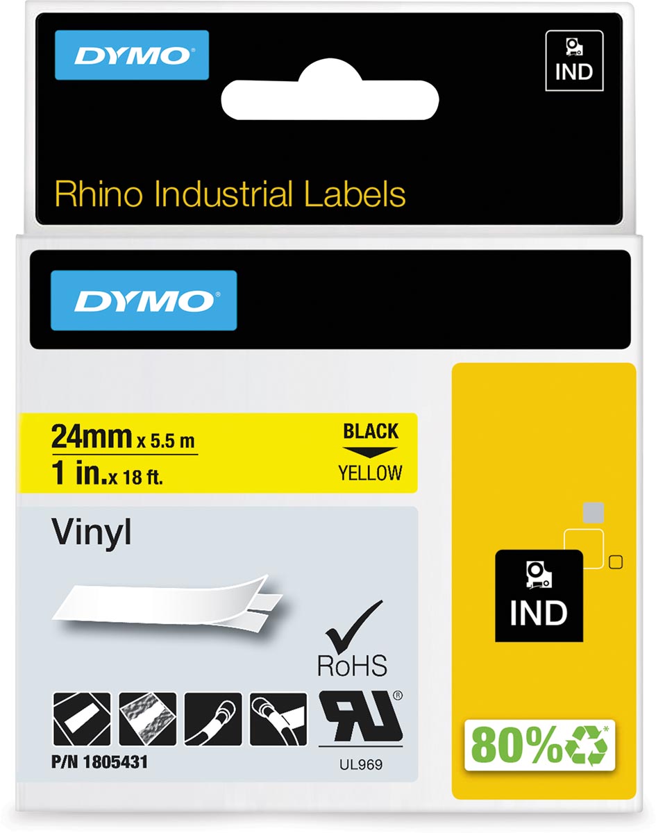 Dymo RHINO vinyltape 24 mm, zwart op geel