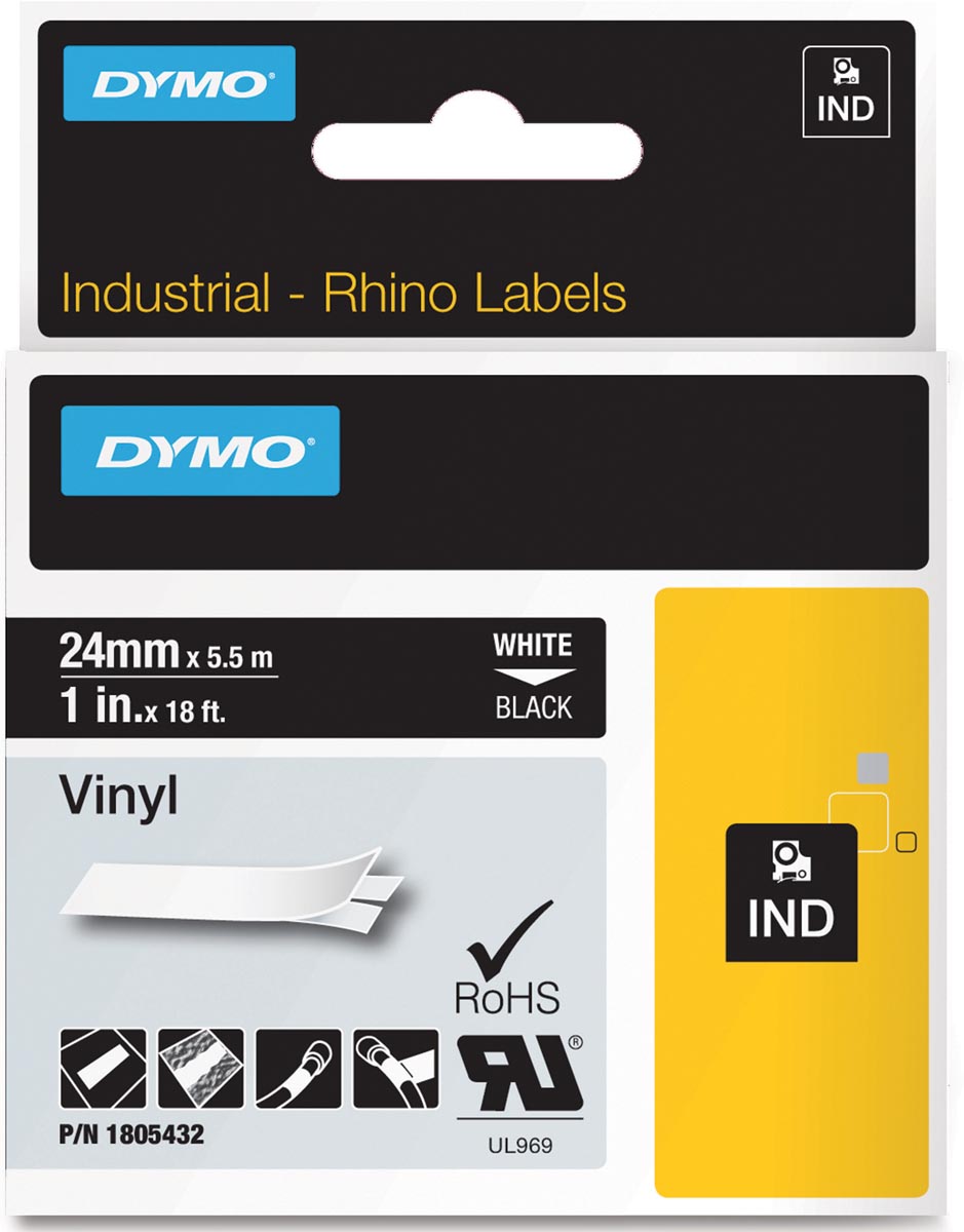 Dymo RHINO vinyltape ft 24 mm, wit op zwart