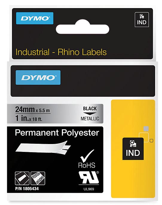 Dymo RHINO tape permanent polyester 24 mm, zwart op metaal