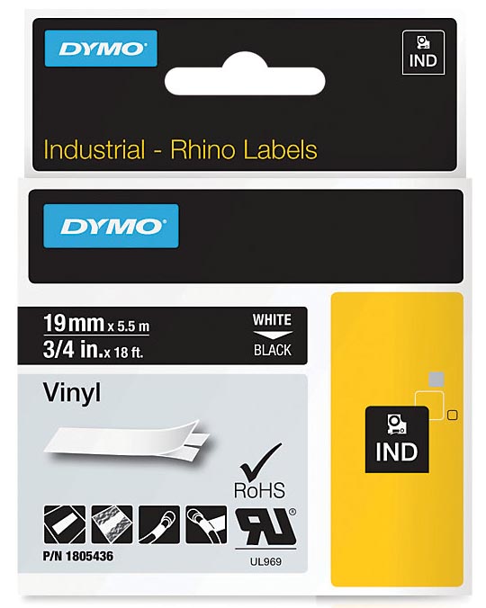 Dymo RHINO vinyltape 19 mm, wit op zwart