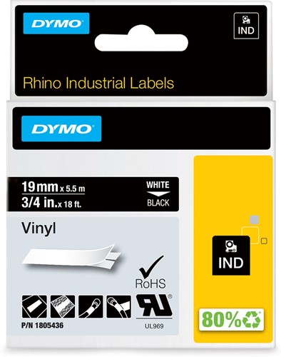 Dymo RHINO vinyltape 19 mm, wit op zwart