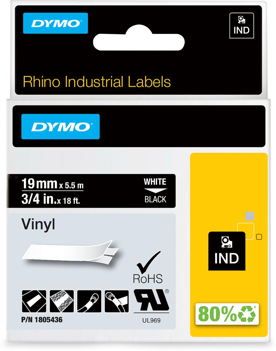 Dymo RHINO vinyltape 19 mm, wit op zwart afbeelding