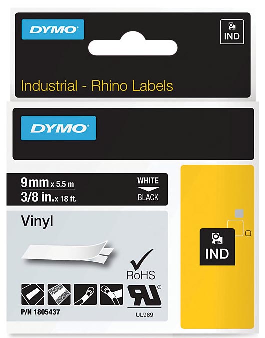 Dymo RHINO vinyltape 9 mm, wit op zwart Dymo RHINO vinyltape 9 mm, wit op zwart