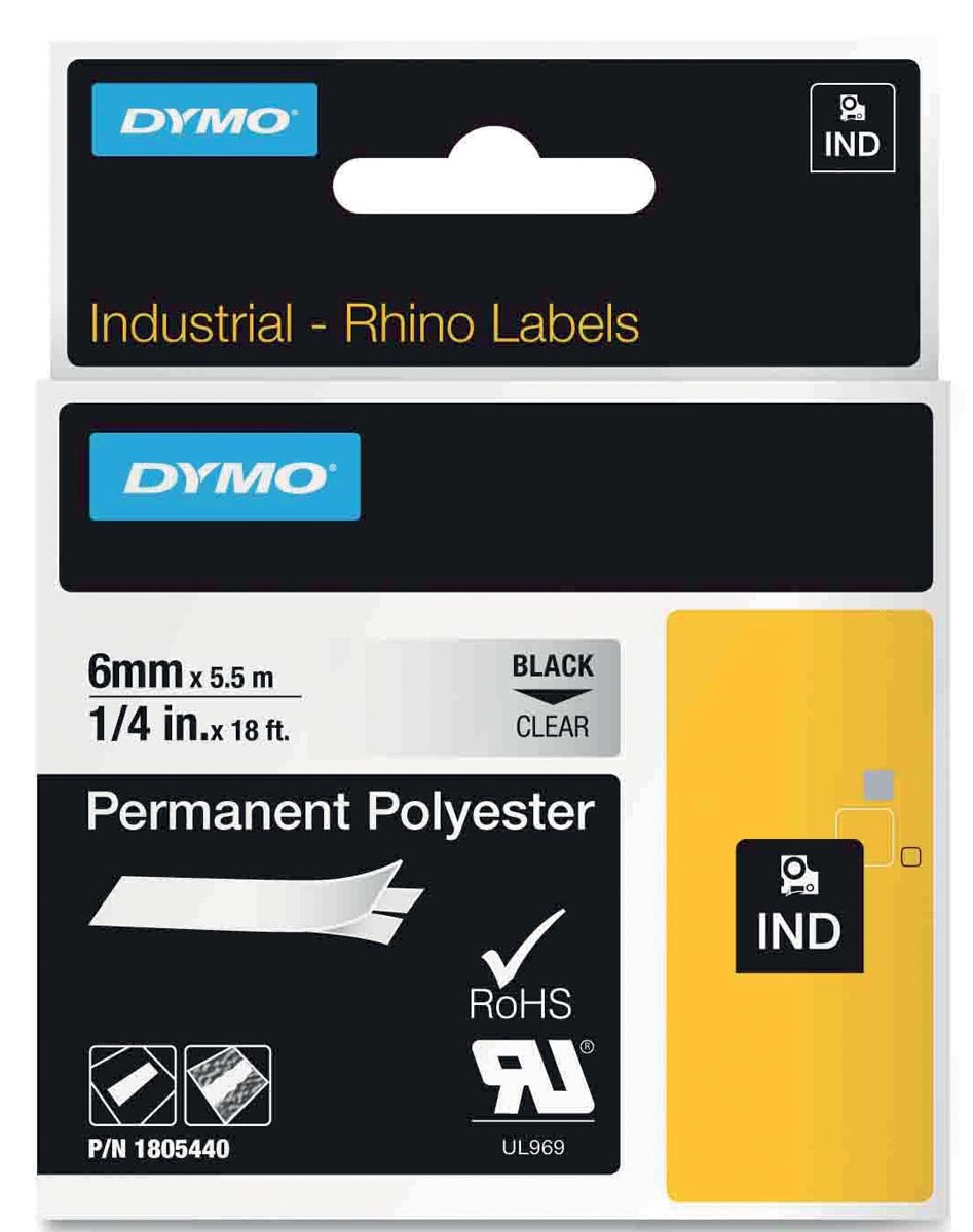 Dymo RHINO permanente polyester tape 6 mm, zwart op transparant