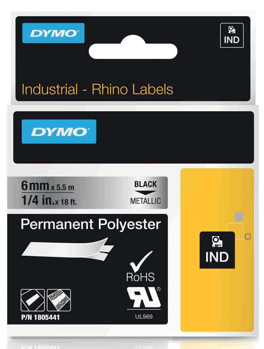 Dymo RHINO permanente polyester tape 6 mm, zwart op metaal