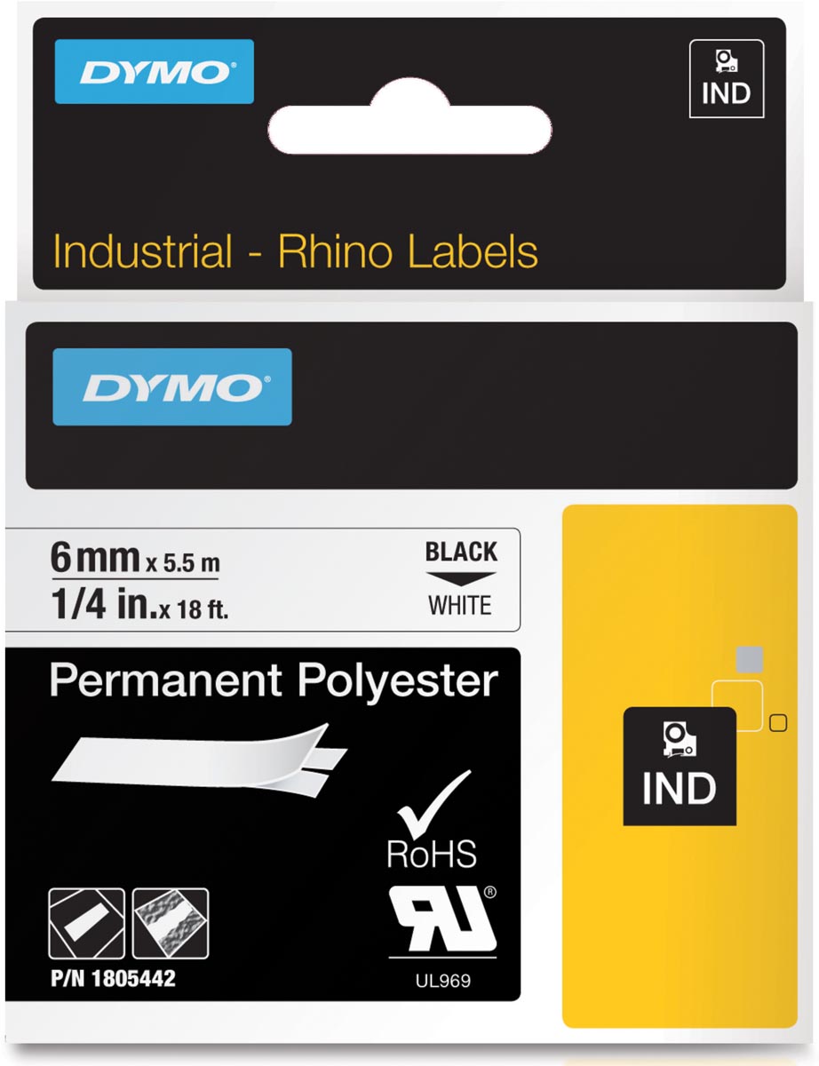 Dymo RHINO tape permanent polyester 6 mm, zwart op wit