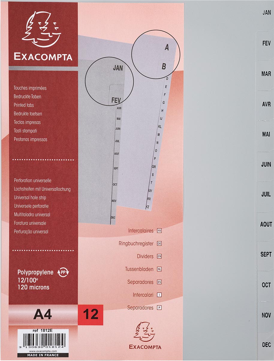 Exacompta tabbladen maandelijks A4, uit PP, 12 tabs, jan-dec, grijs, Frans afbeelding
