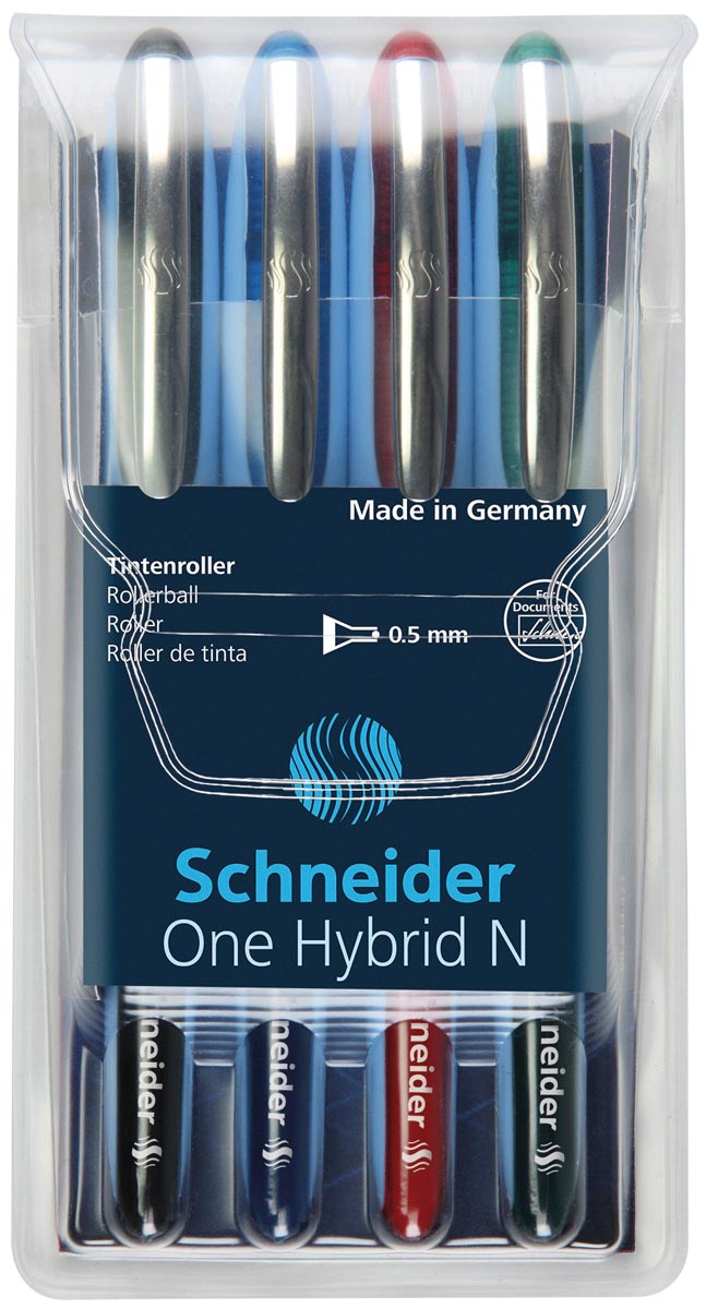 Schneider Roller One Hybrid N, 0,5 mm lijndikte, etui van 4 stuks in geassorteerde kleuren