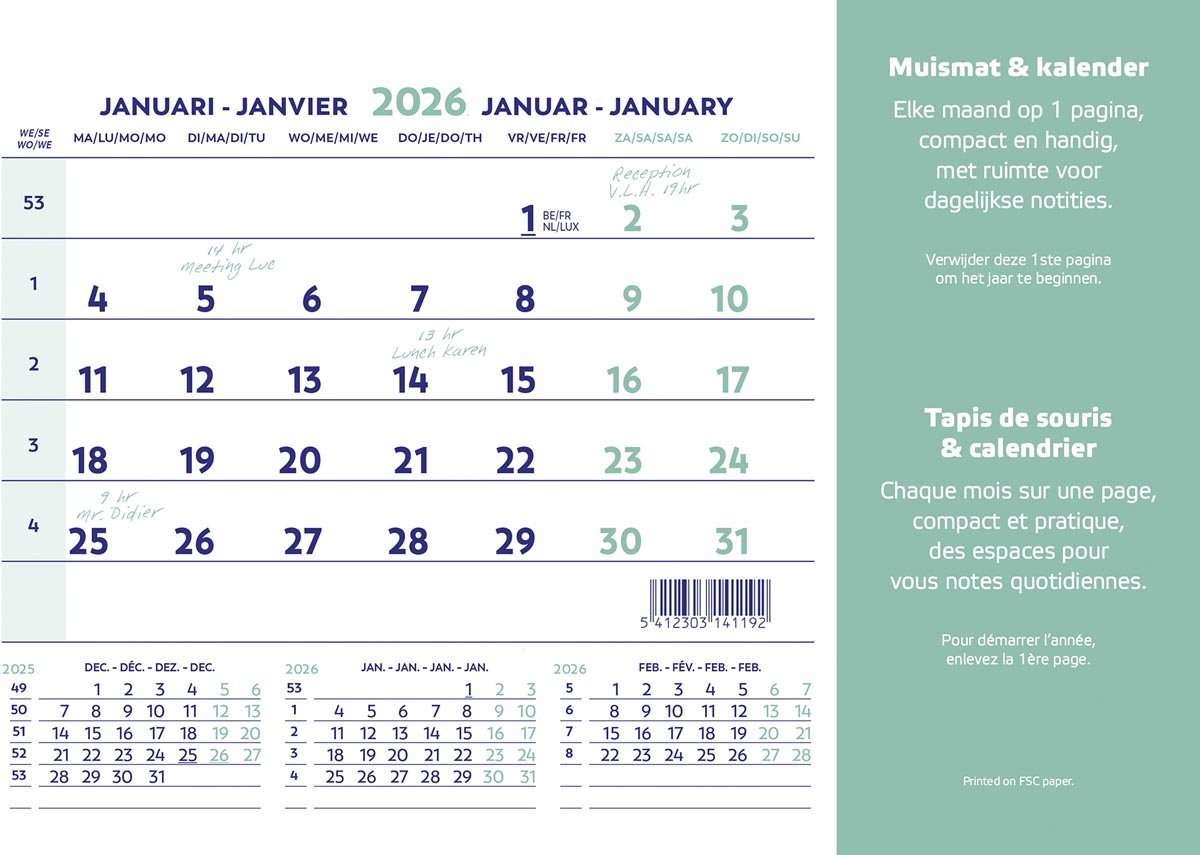 Brepols muismatkalender, ft 23X18 cm, Nederlands-Frans, 2026