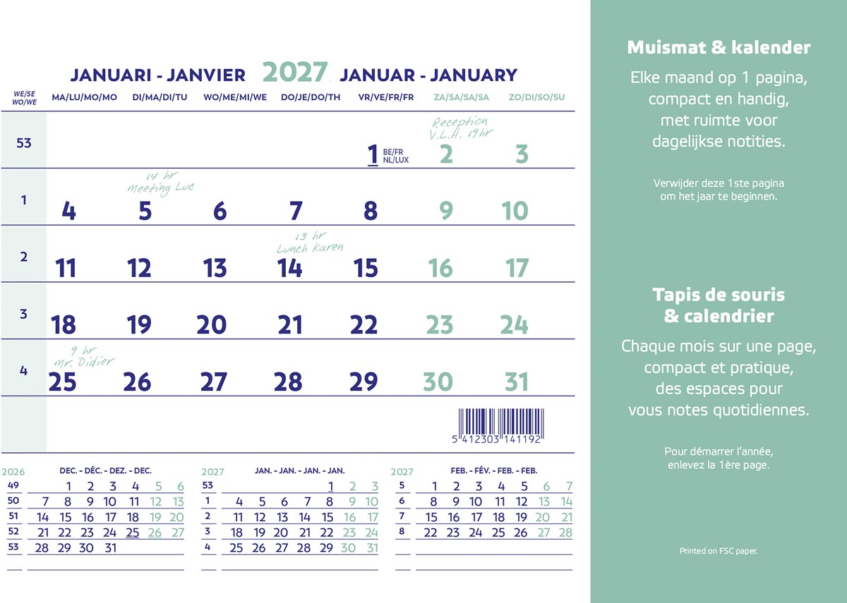 Brepols muismatkalender, ft 23X18 cm, Nederlands-Frans, 2027