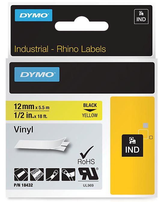 Dymo RHINO vinyltape 12 mm, zwart op geel