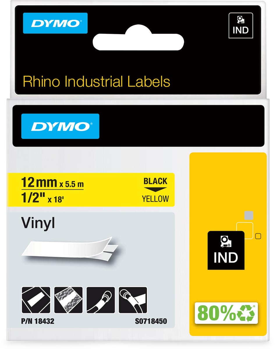 Dymo RHINO vinyltape 12 mm, zwart op geel afbeelding