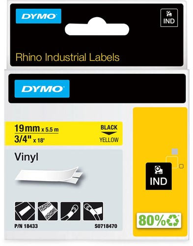 Dymo RHINO vinyltape 19 mm x 5,5 m, zwart op geel