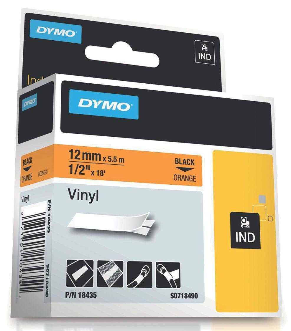 Dymo RHINO vinyltape 12 mm, zwart op oranje