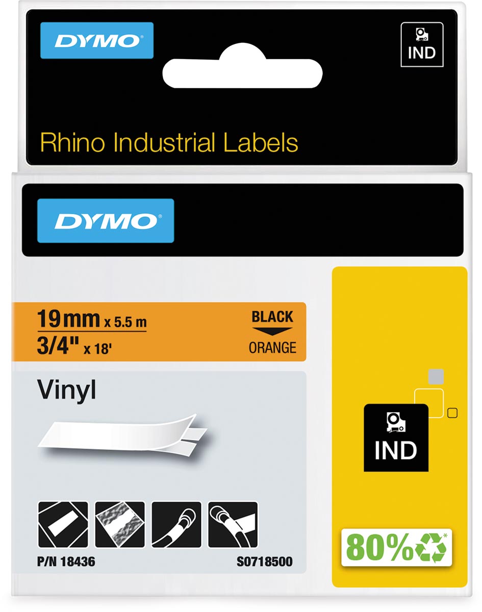 Dymo RHINO vinyltape 19 mm x 5,5 m, zwart op oranje