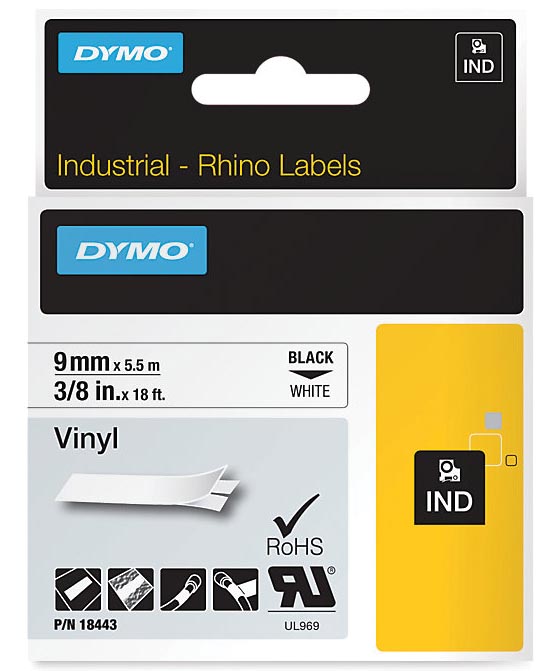 Dymo RHINO vinyltape 9 mm, zwart op wit Dymo RHINO vinyltape 9 mm, zwart op wit
