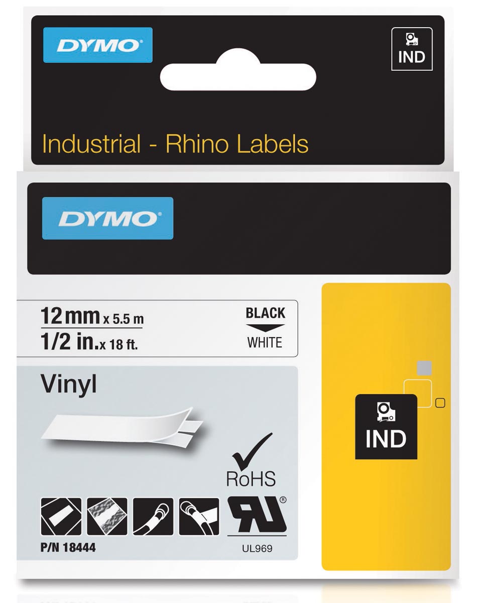Dymo RHINO vinyltape 12 mm, zwart op wit