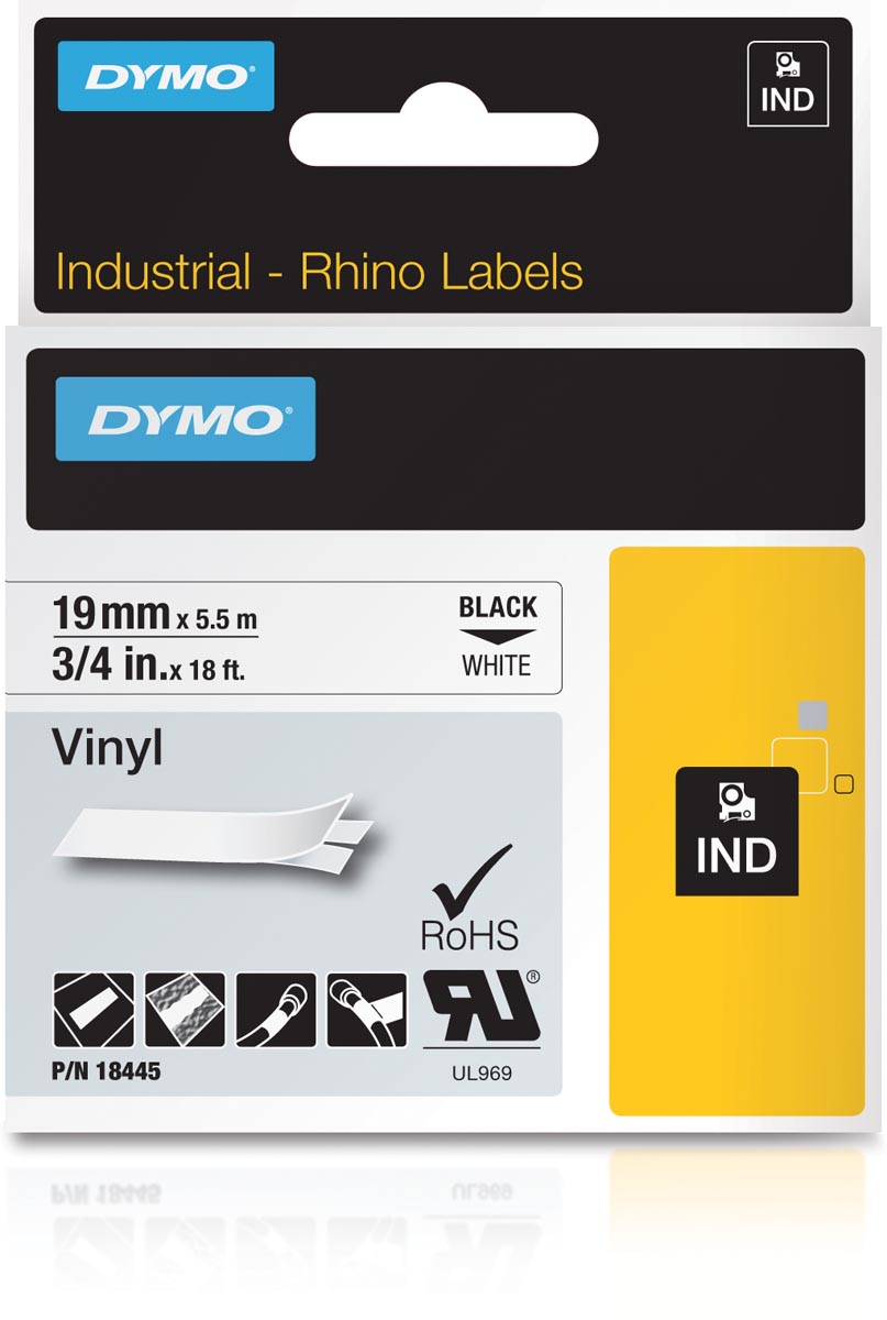 Dymo RHINO vinyltape 19 mm, zwart op wit afbeelding
