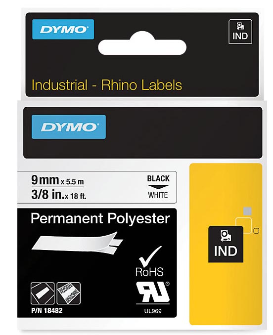Dymo RHINO permanente polyester tape 9 mm, zwart op wit
