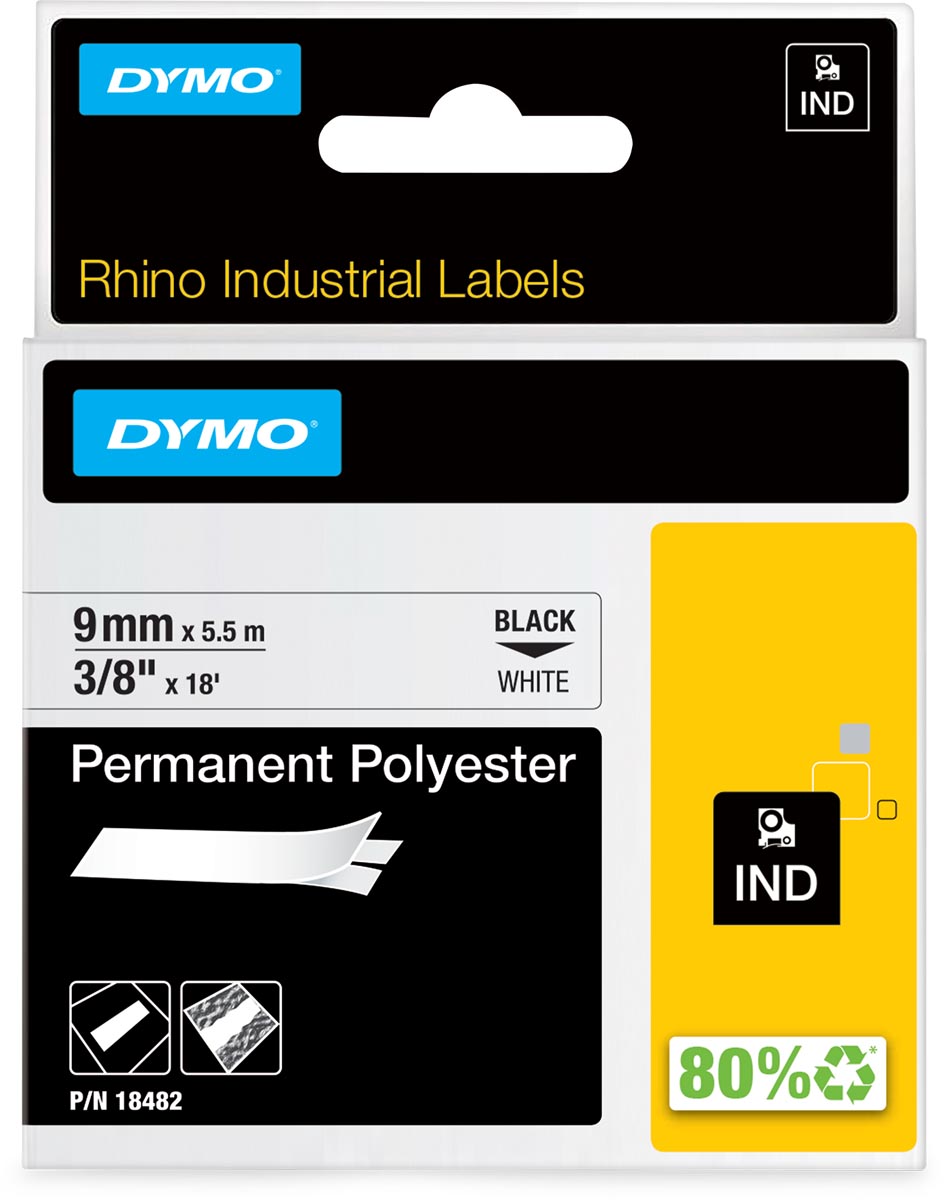 Dymo RHINO permanente polyester tape 9 mm, zwart op wit afbeelding