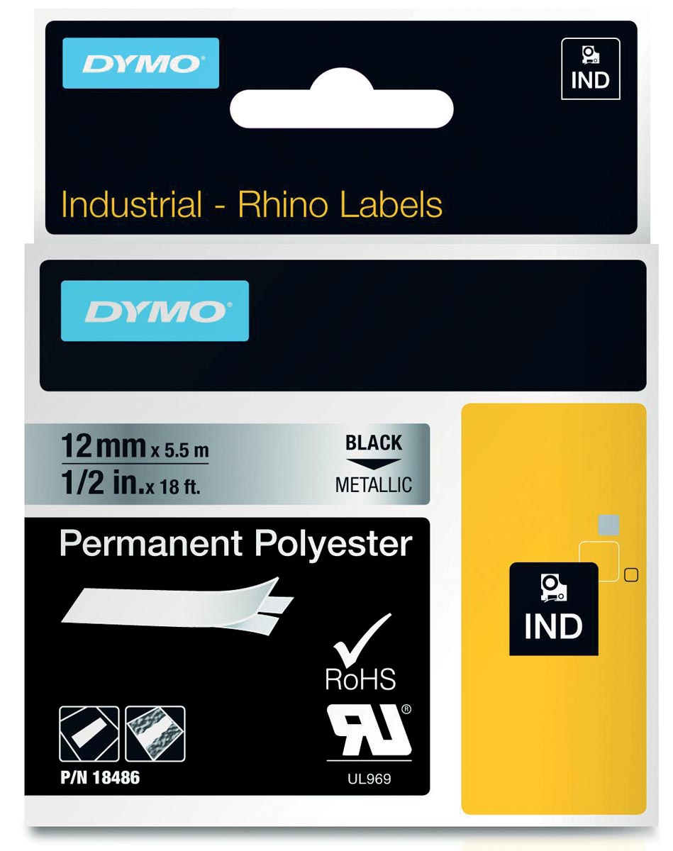 Dymo RHINO tape permanent polyester 12 mm, zwart op metaal
