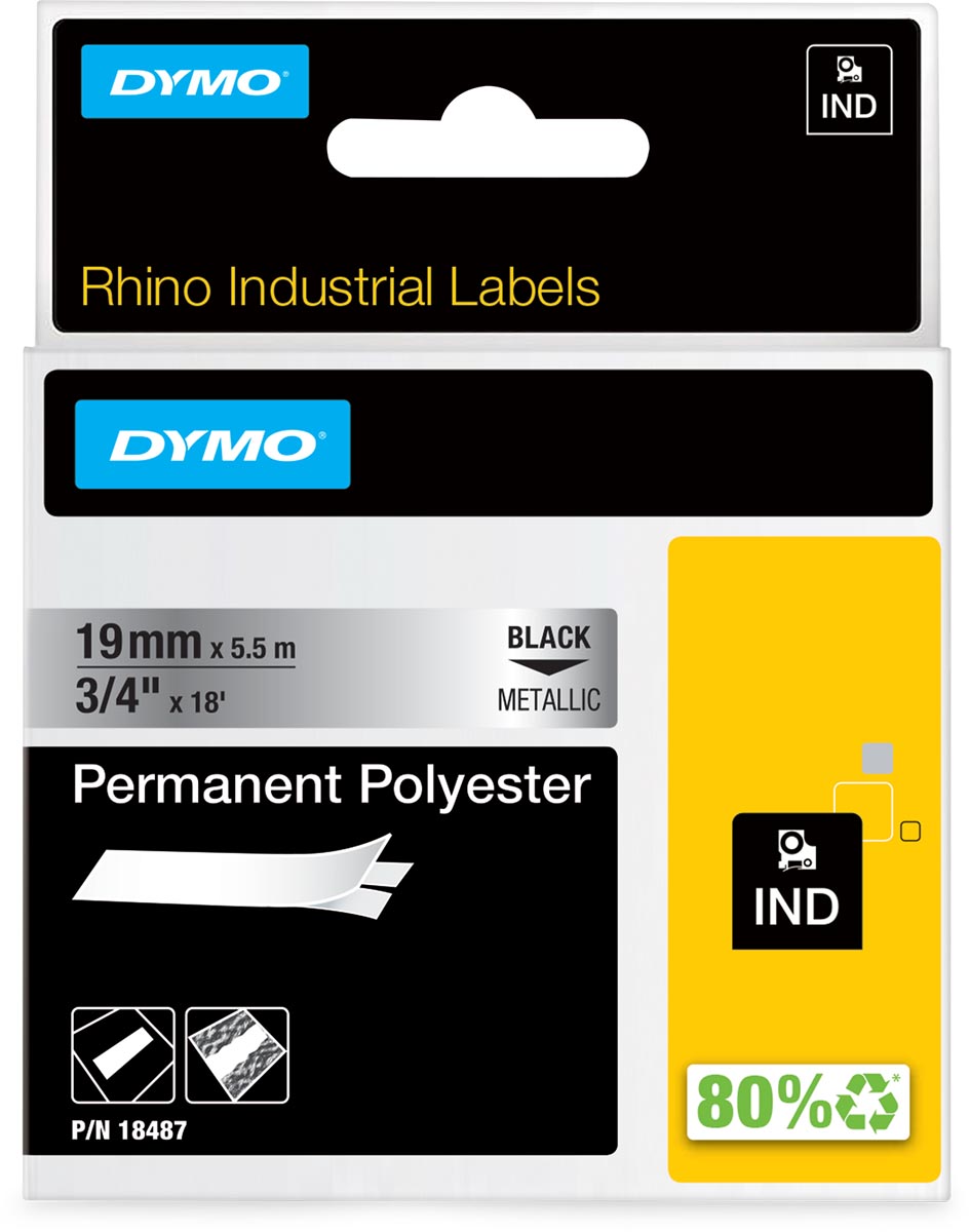 Dymo RHINO tape permanent polyester 19 mm, zwart op metaal afbeelding