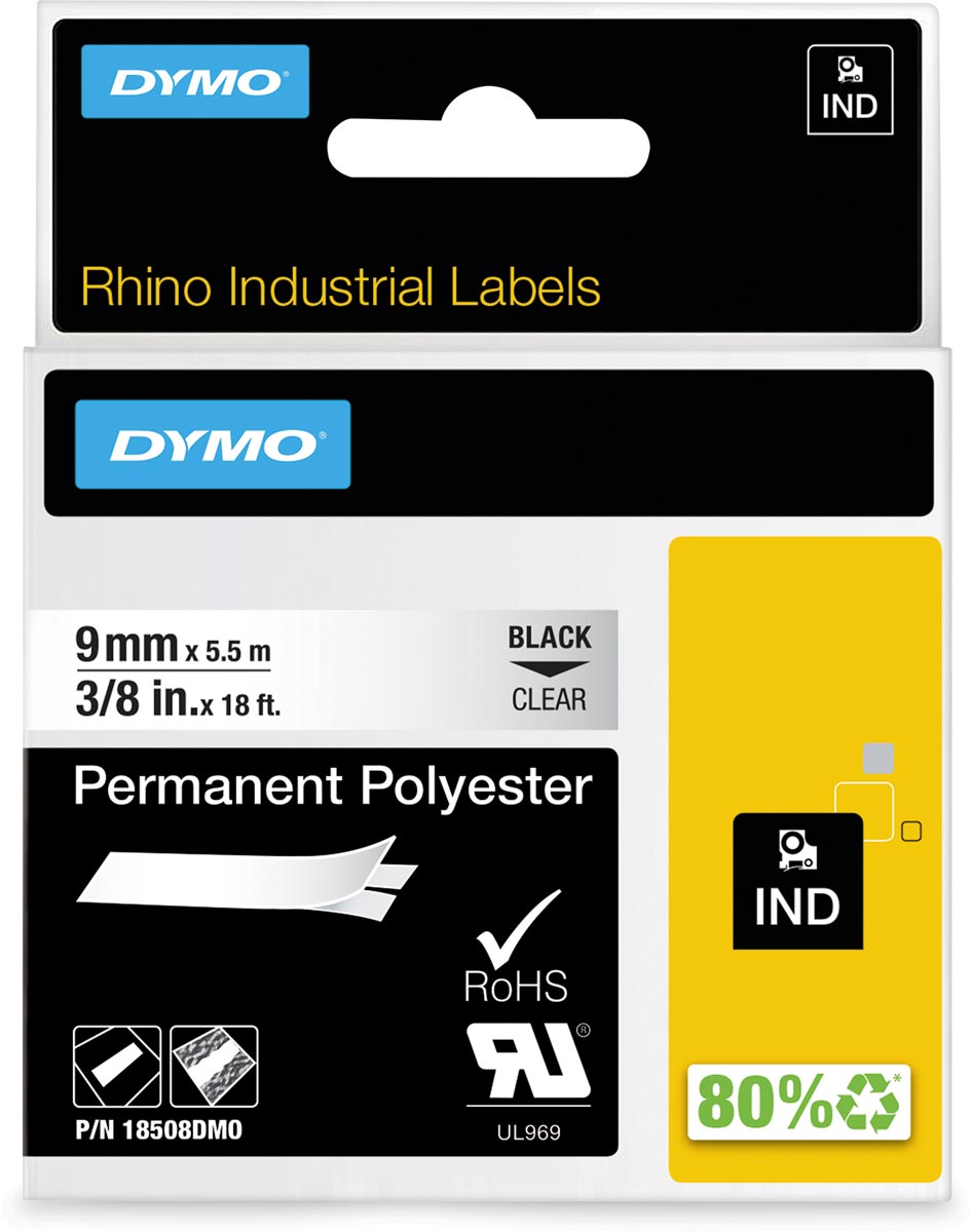 Dymo RHINO permanent polyester tape 9 mm, zwart op transparent