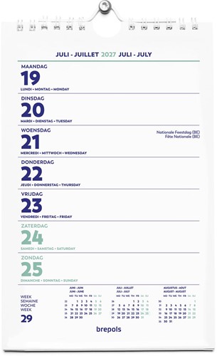 Brepols Wire-O calendrier de la semaine du mur, 4 langues, 2027