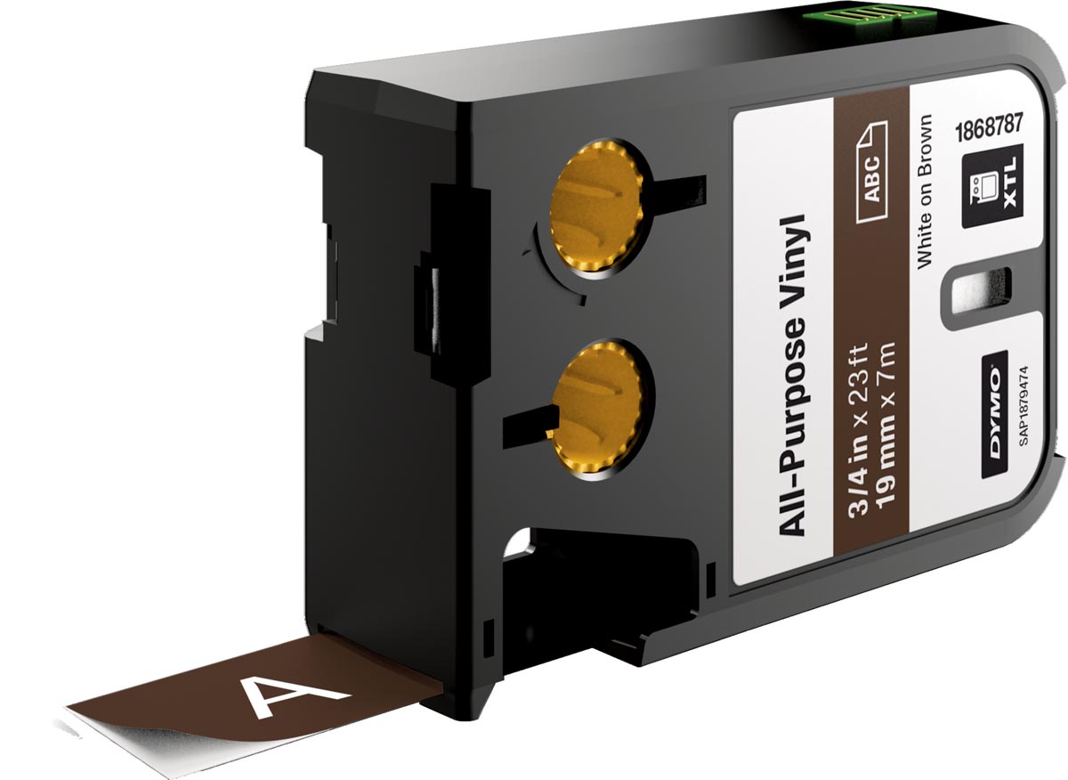 Dymo XTL vinyltape ft 19 mm, wit op bruin