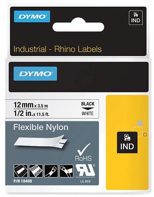 Dymo RHINO flexibele nylontape 12 mm, zwart op wit
