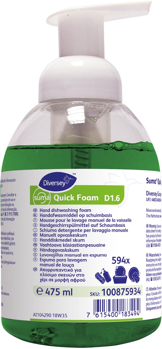 Diversey handafwasmiddel op schuimbasis Suma Quick Foam, flacon van 475 ml Diversey handafwasmiddel op schuimbasis Suma Quick Foam, flacon van 475 ml