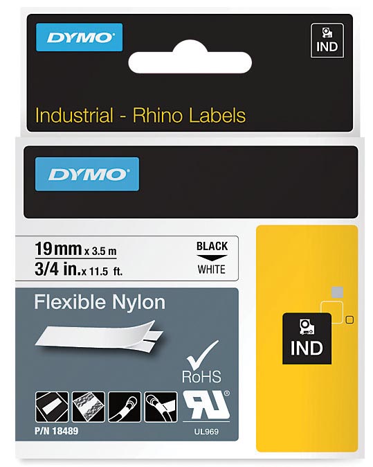 Dymo RHINO flexibele nylontape 19 mm, zwart op wit