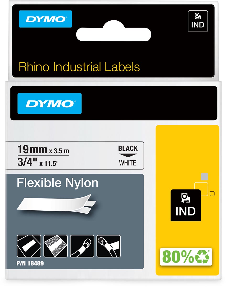 Dymo RHINO flexibele nylontape 19 mm, zwart op wit afbeelding