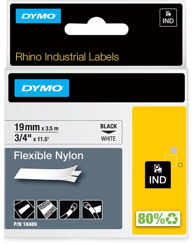 Dymo RHINO flexibele nylontape 19 mm, zwart op wit