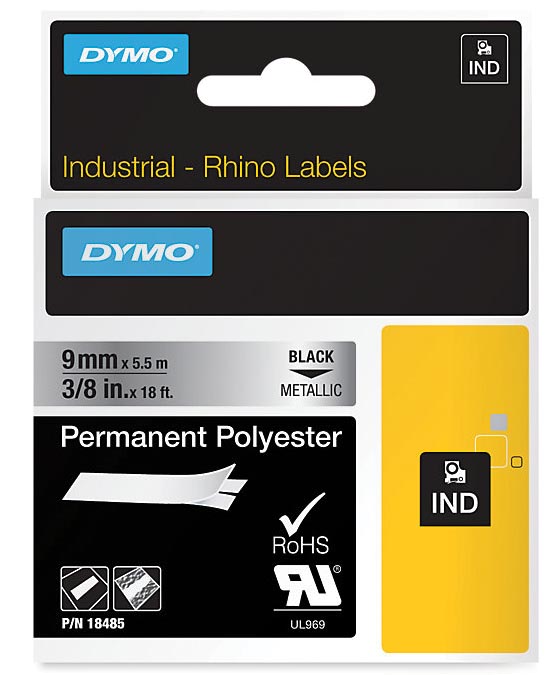 Dymo RHINO permanent polyester tape 9 mm, zwart op metaal