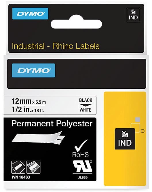 Dymo RHINO permanente polyester tape 12 mm, zwart op wit