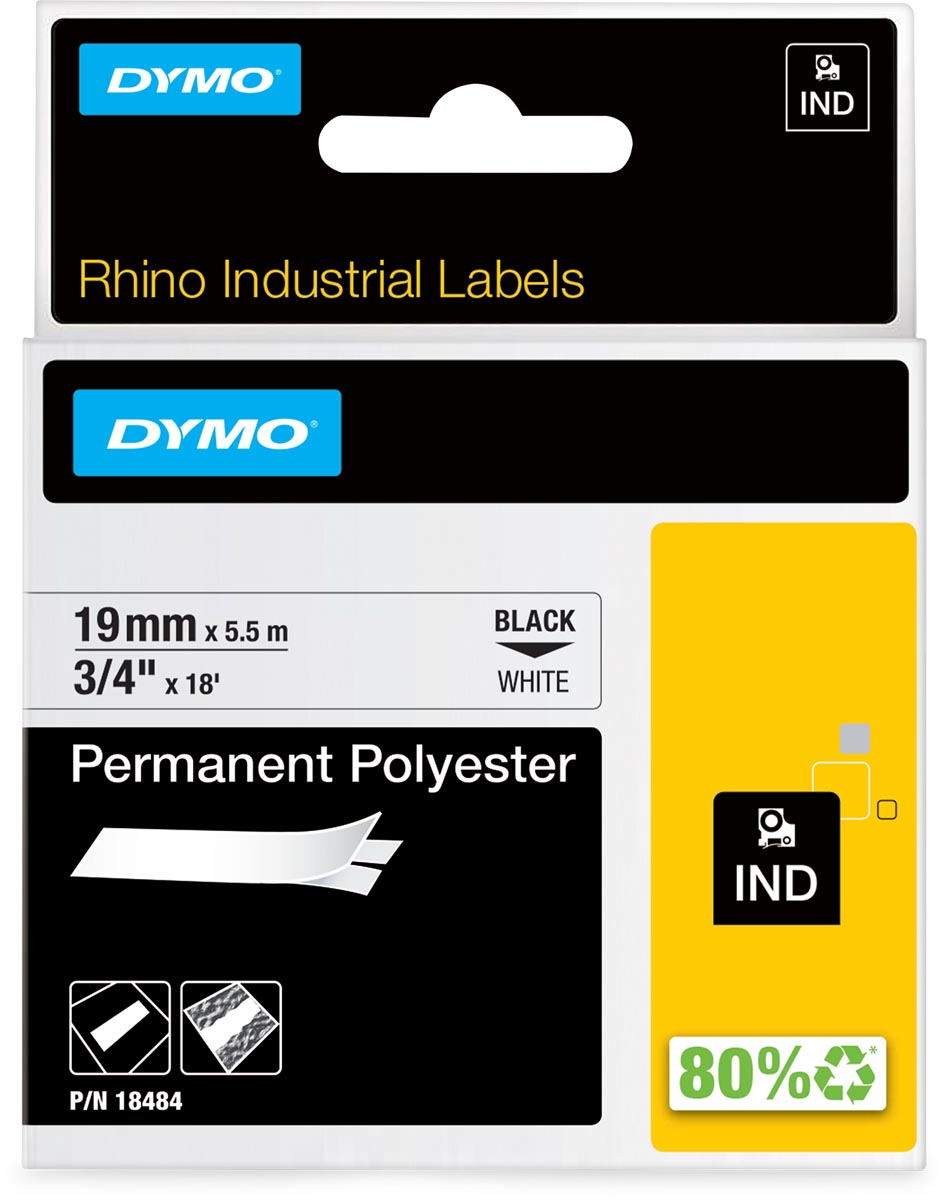 Dymo RHINO permanente polyester tape 19 mm, zwart op wit
