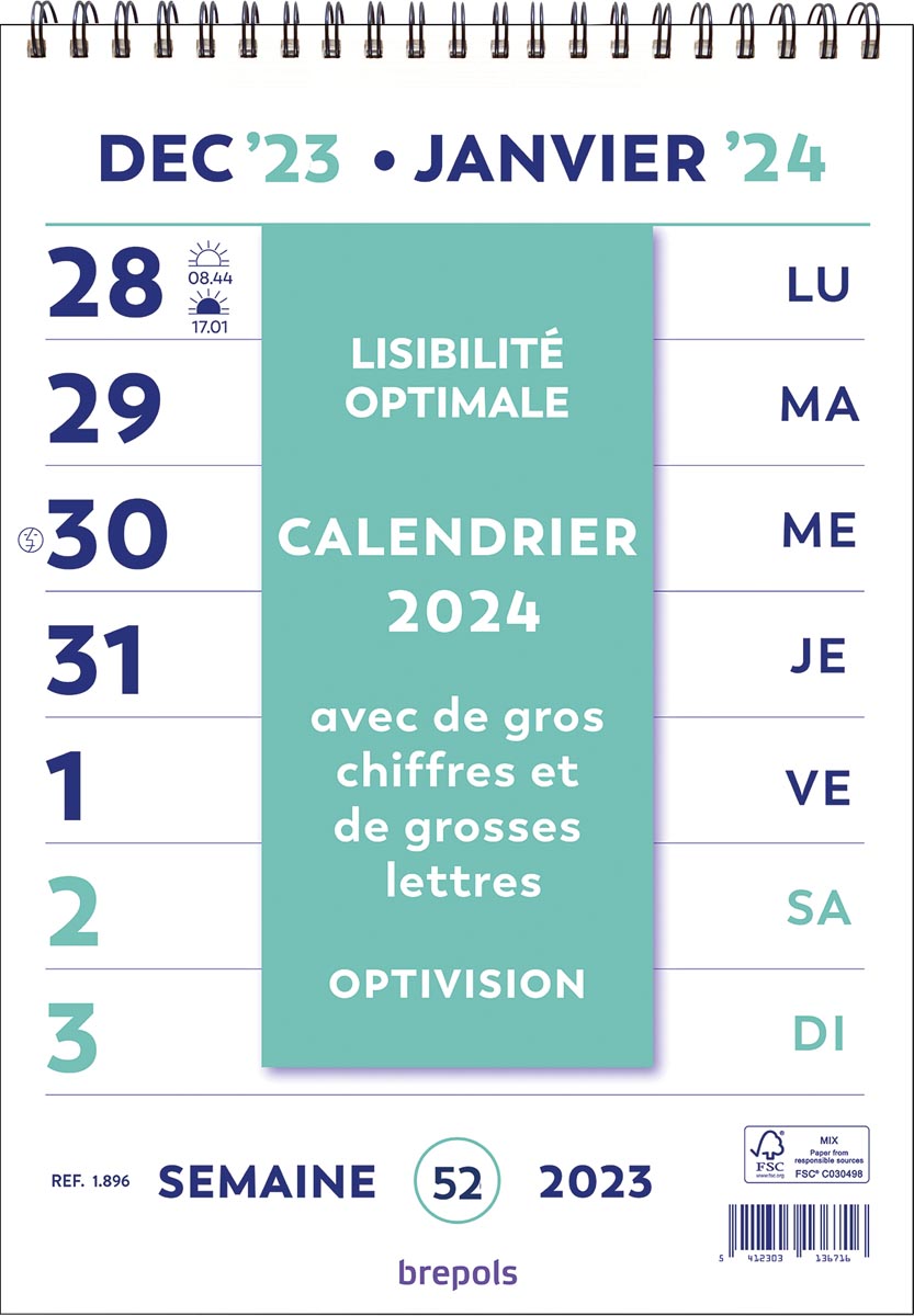 Brepols Optivision Wand-week kalender, franstalig, 2024 Brepols Optivision Wand-week kalender, franstalig, 2024