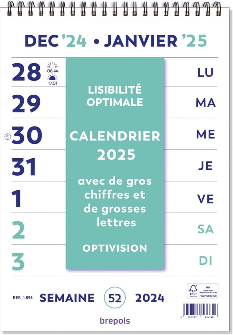 Brepols Optivision Wandweek kalender, Franstalig, 2025 bij VindiQ Office
