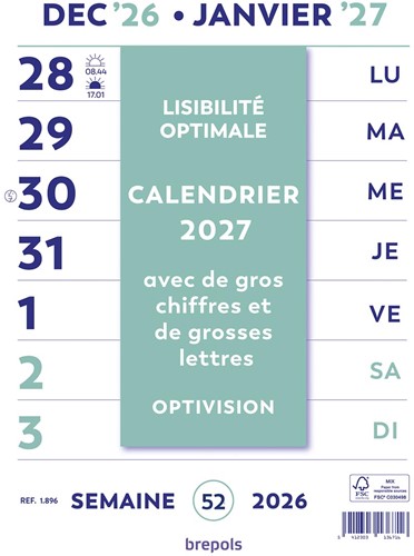 Brepols Optivision calendrier de la semaine du mur, français, 2027