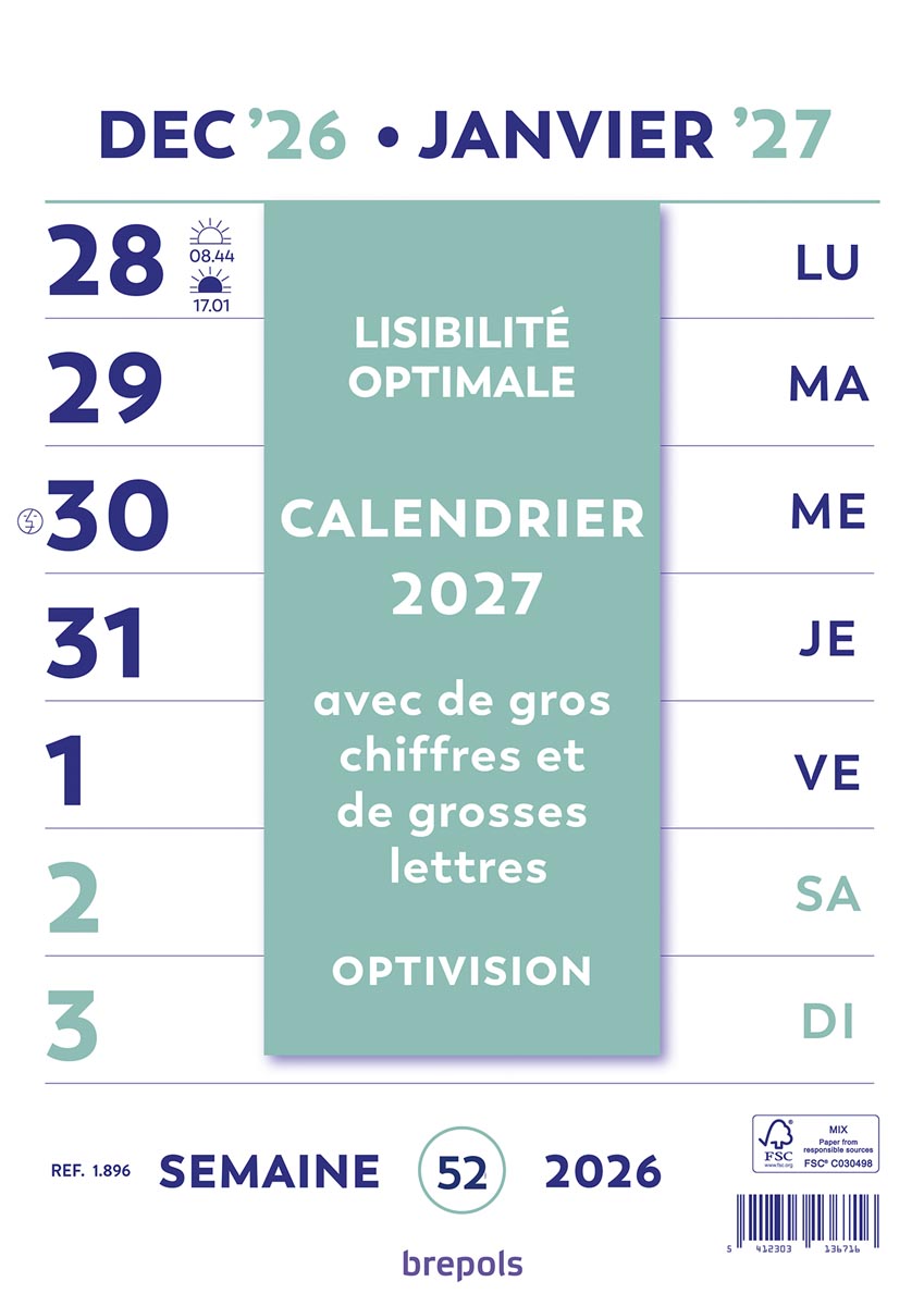 Brepols Optivision Wand-week kalender, Franstalig, 2027