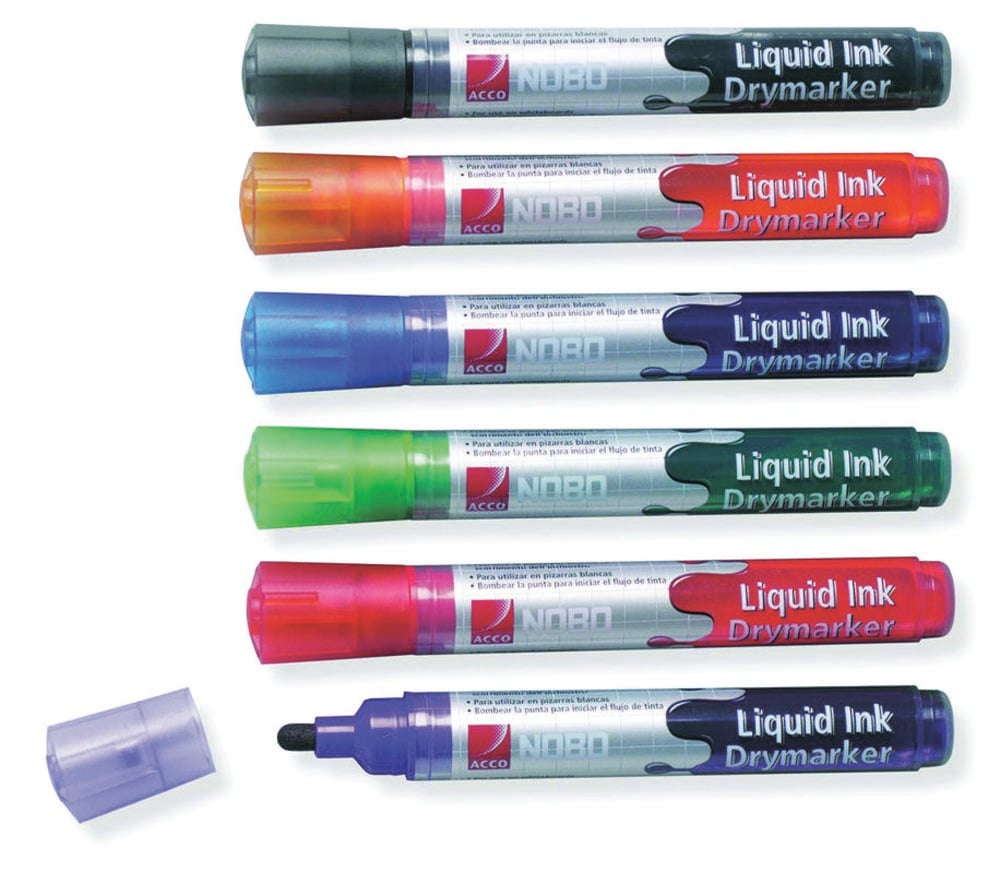 Nobo Drywipe Markers met vloeibare inkt, pak van 6 stuks