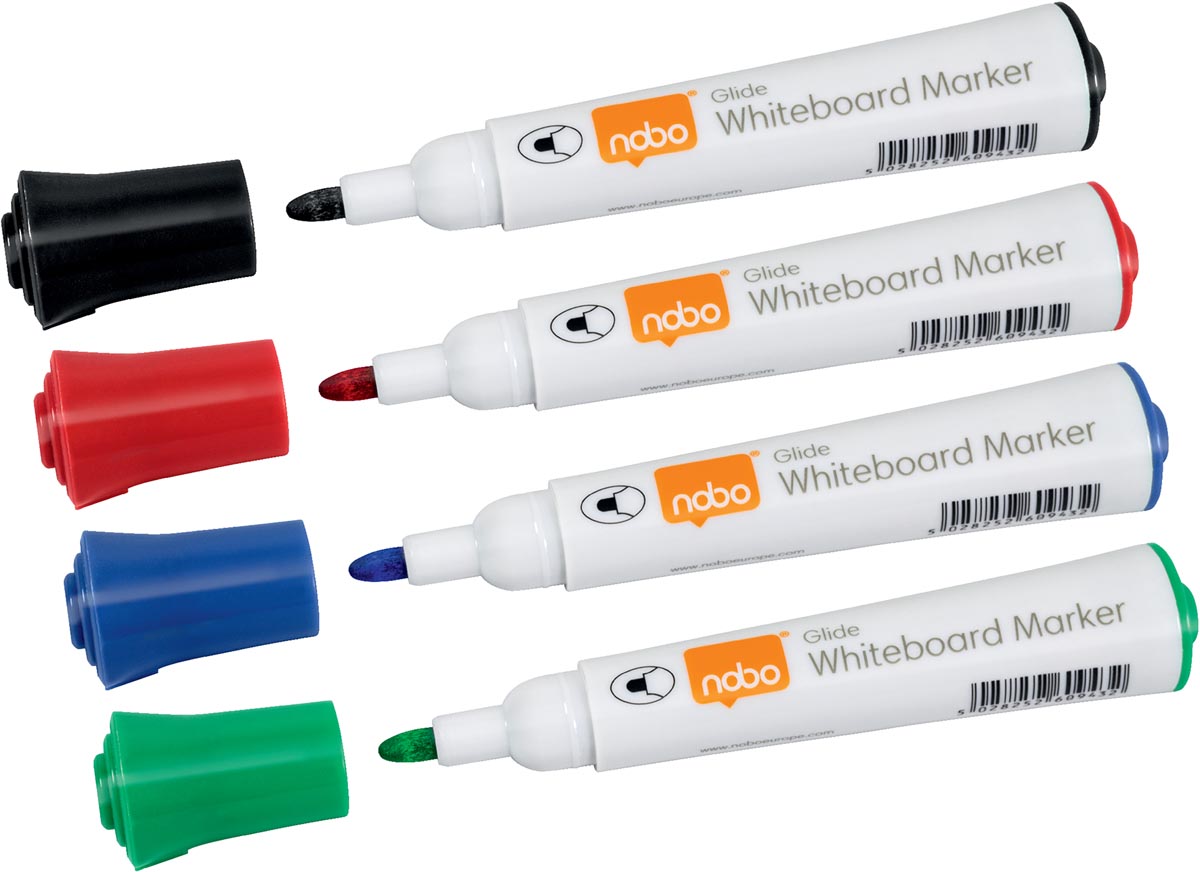Nobo Glide whiteboardmarker, pak van 4 stuks, geassorteerde kleuren, op blister afbeelding